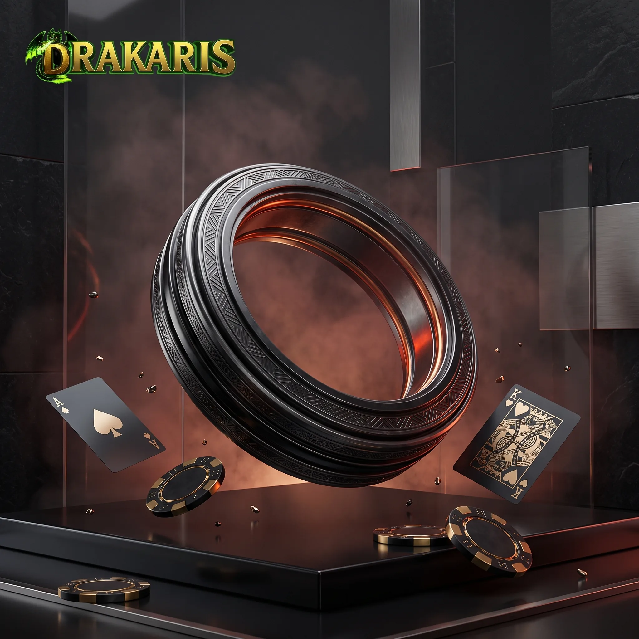 Drakaris Casino logo above a forged ring and playing cards