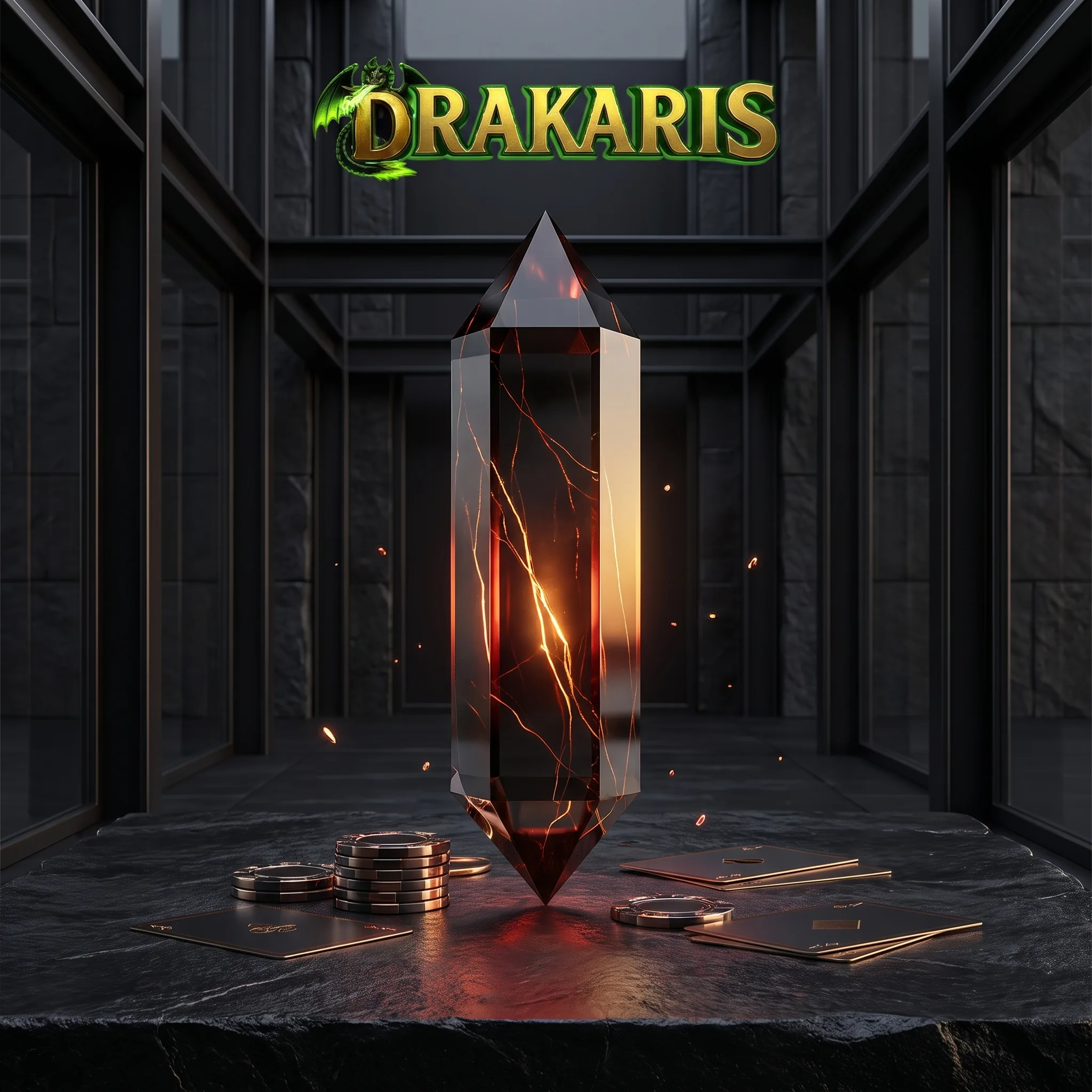 Drakaris Casino logo above a glowing obsidian core